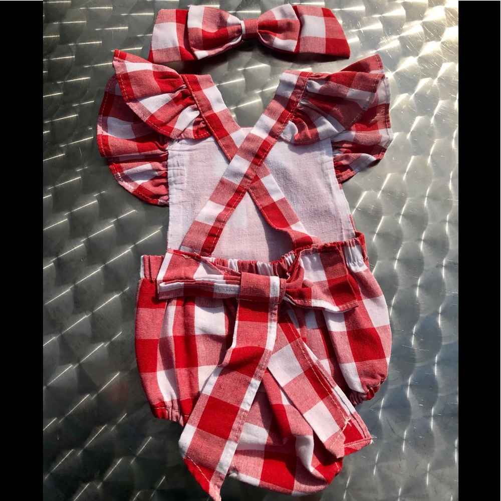 9-12M Red Gingham romper with matching bow